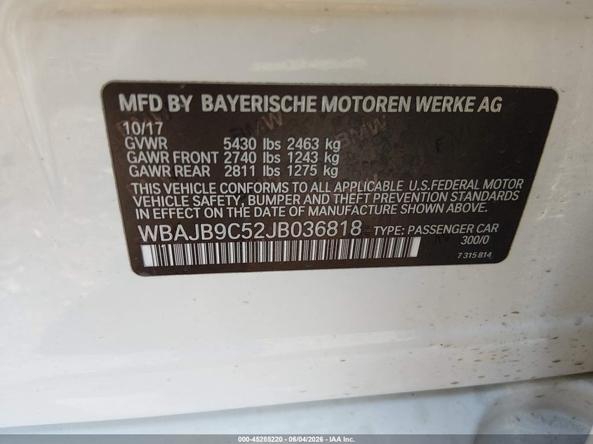 2018 BMW 5er VIN WBAJB9C52JB036818 IAAI salvage auction — SIDE, Salvage Title, sold $9,400 on 2026-07-09 (photo 9)