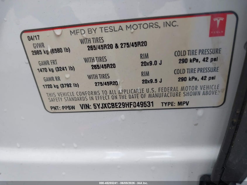 2017 Tesla Model x VIN 5YJXCBE29HF049531 IAAI salvage auction — LEFT & RIGHT, Salvage (Louisiana), sold $7,100 on 2026-07-28 (photo 9)