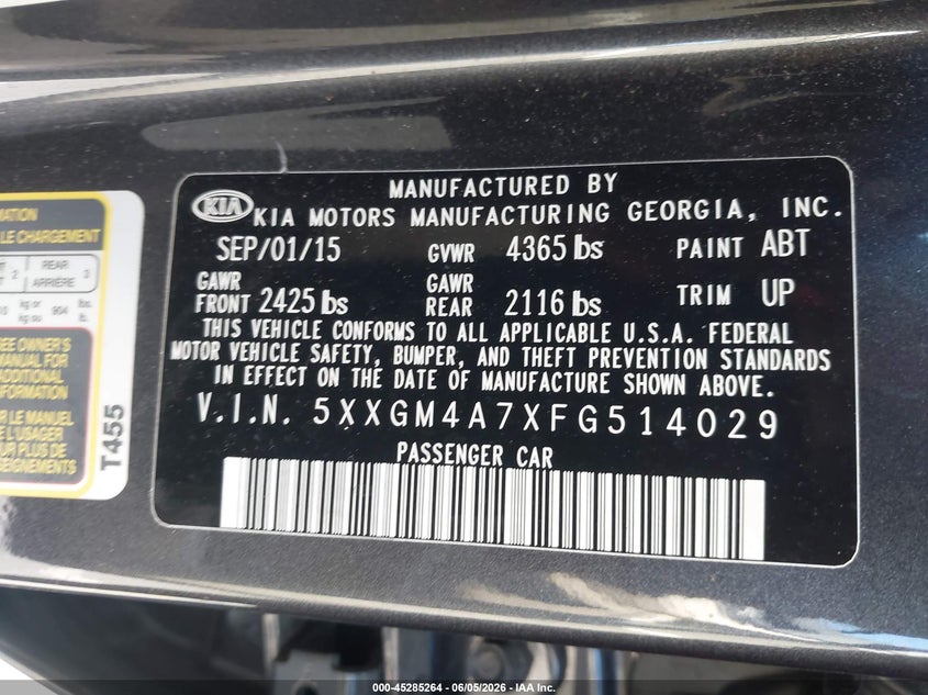 2015 Kia Optima VIN 5XXGM4A7XFG514029 IAAI salvage auction — FRONT END, Salvage Title, sold $800 on 2026-07-15 (photo 9)