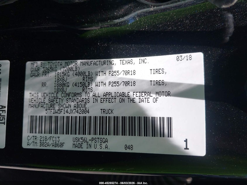 2018 Toyota Tundra VIN 5TFDW5F14JX742004 IAAI salvage auction — FRONT & REAR, Wait Title, sold $10,200 on 2026-08-22 (photo 9)