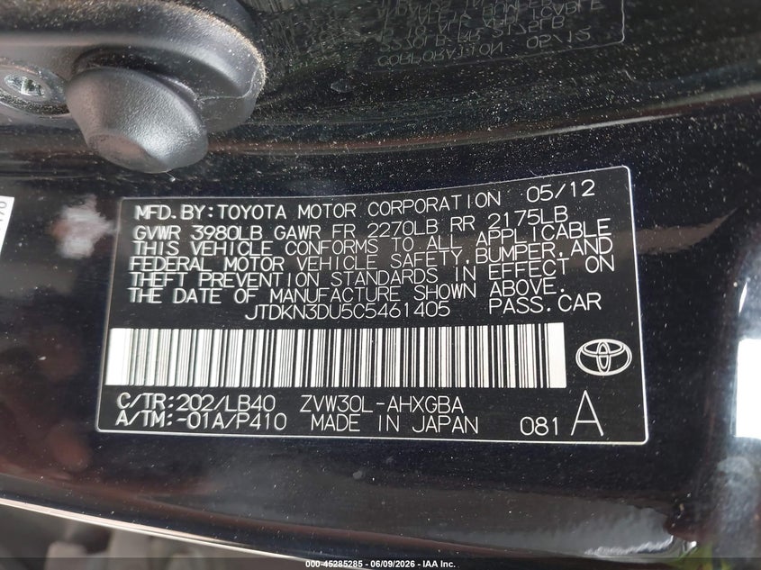 2012 Toyota Prius VIN JTDKN3DU5C5461405 IAAI salvage auction — FRONT END, Salvage Title, sold $750 on 2026-07-26 (photo 9)
