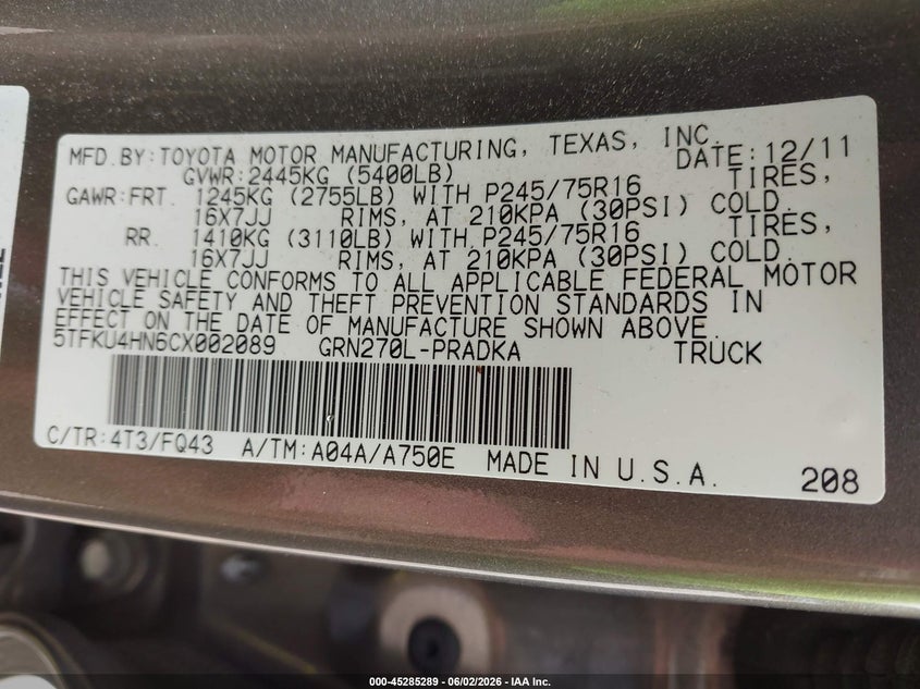 2012 Toyota Tacoma VIN 5TFKU4HN6CX002089 IAAI salvage auction — FRONT END, Salvage Title, sold $6,250 on 2026-07-09 (photo 9)