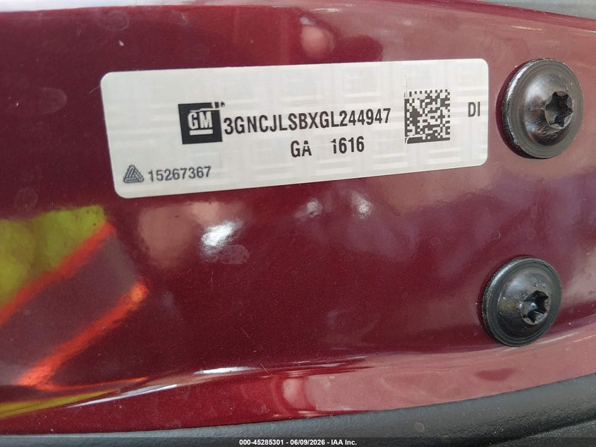 2016 Chevrolet Trax VIN 3GNCJLSBXGL244947 IAAI salvage auction — RIGHT SIDE, Salvage Title, sold $950 on 2026-07-09 (photo 9)