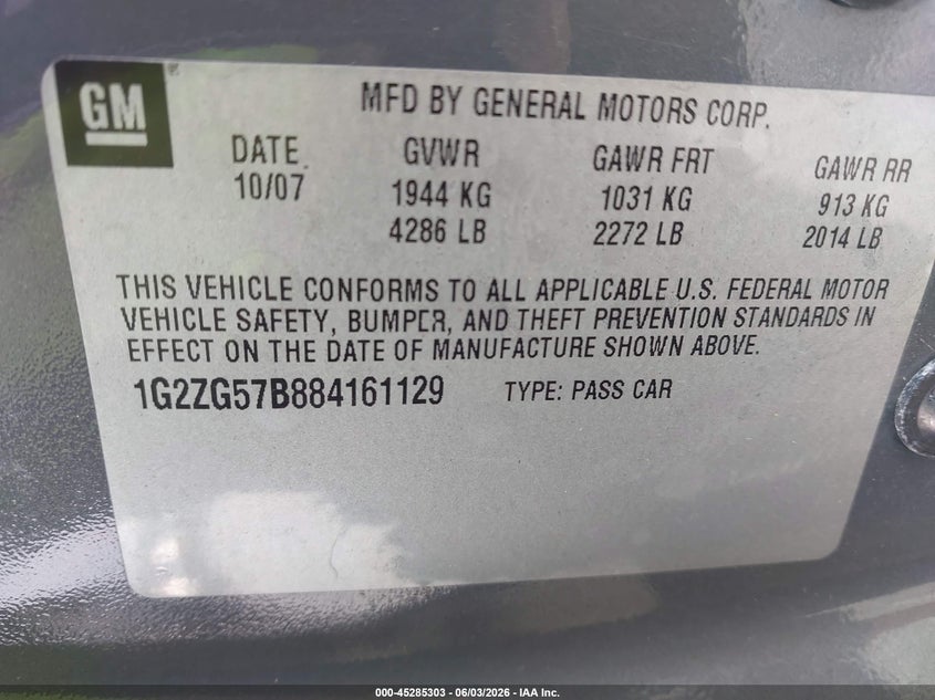 2008 Pontiac G6 VIN 1G2ZG57B884161129 IAAI salvage auction — SIDE, Rebuildable (Florida), sold $300 on 2026-09-03 (photo 9)