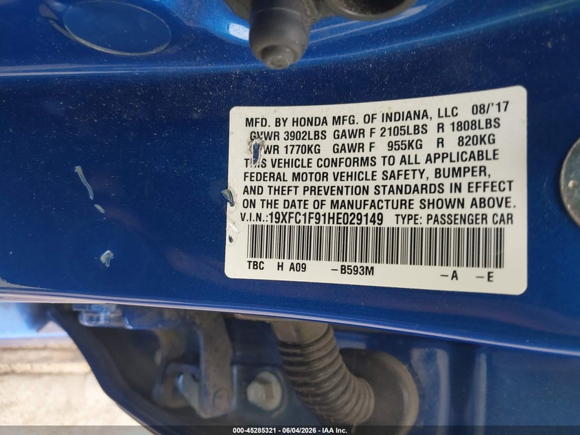 2017 Honda Civic VIN 19XFC1F91HE029149 IAAI salvage auction — FRONT END, Original (Texas), sold $6,175 on 2026-07-10 (photo 9)