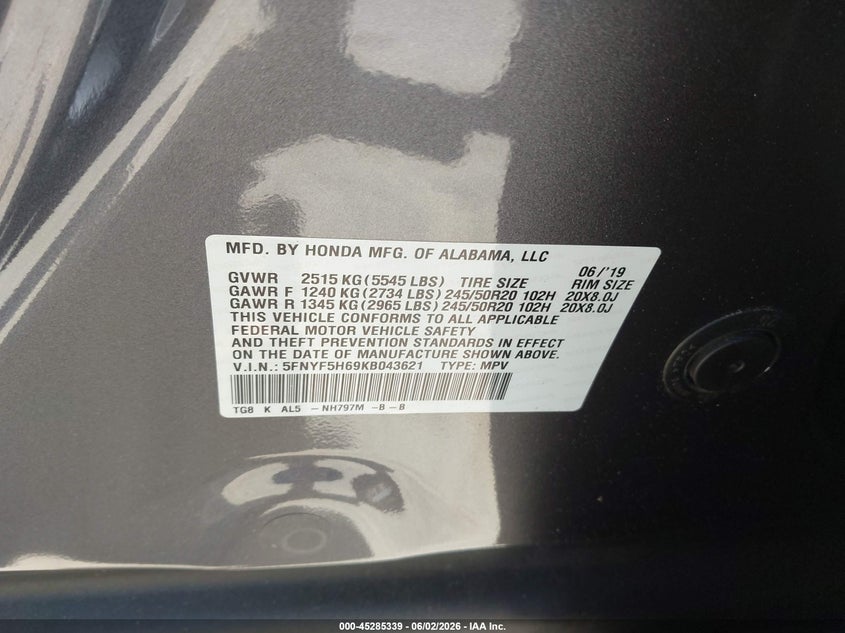 2019 Honda Pilot VIN 5FNYF5H69KB043621 IAAI salvage auction — SIDE, Salvage Title, sold $7,100 on 2026-07-22 (photo 9)