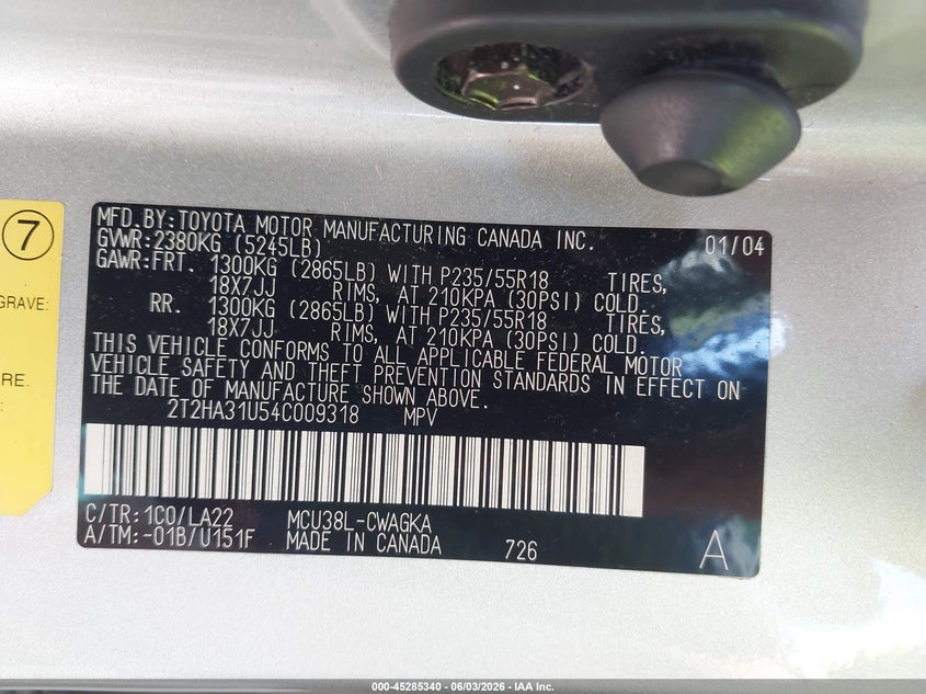 2004 Lexus Rx 330 VIN 2T2HA31U54C009318 IAAI salvage auction — LEFT FRONT, Salvage - Greater Than 75% (Maryland), sold $1,400 on 2026-07-09 (photo 9)