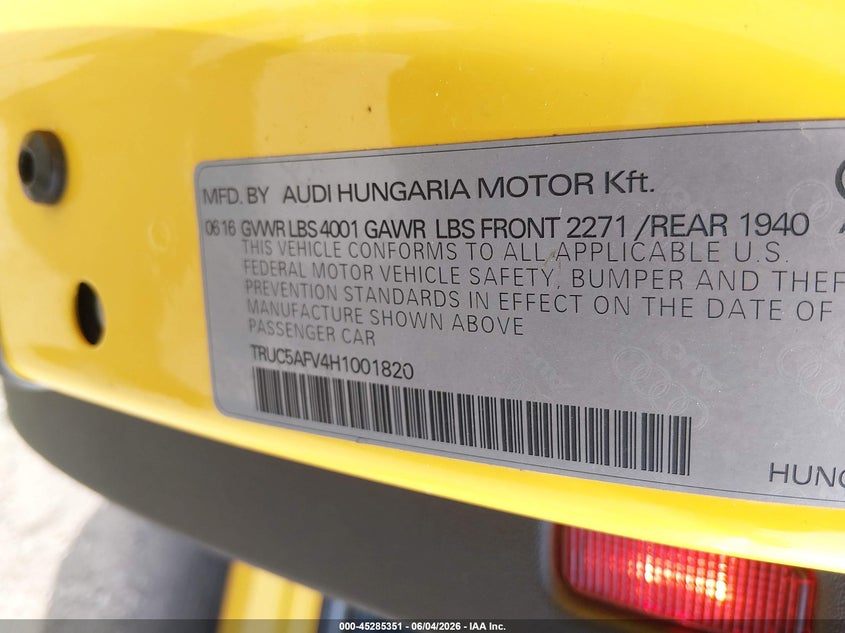 2017 Audi Tt VIN TRUC5AFV4H1001820 IAAI salvage auction — LEFT FRONT, Salvage Title, sold $7,400 on 2026-08-22 (photo 9)