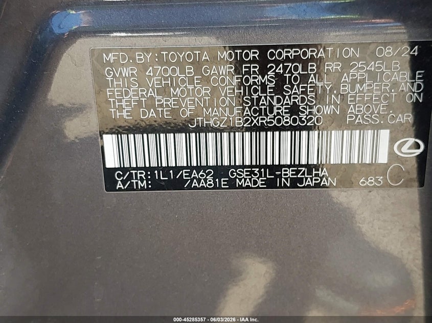2024 Lexus Is VIN JTHGZ1B2XR5080320 IAAI salvage auction — RIGHT SIDE, Salvage Title, sold $16,550 on 2026-07-21 (photo 9)