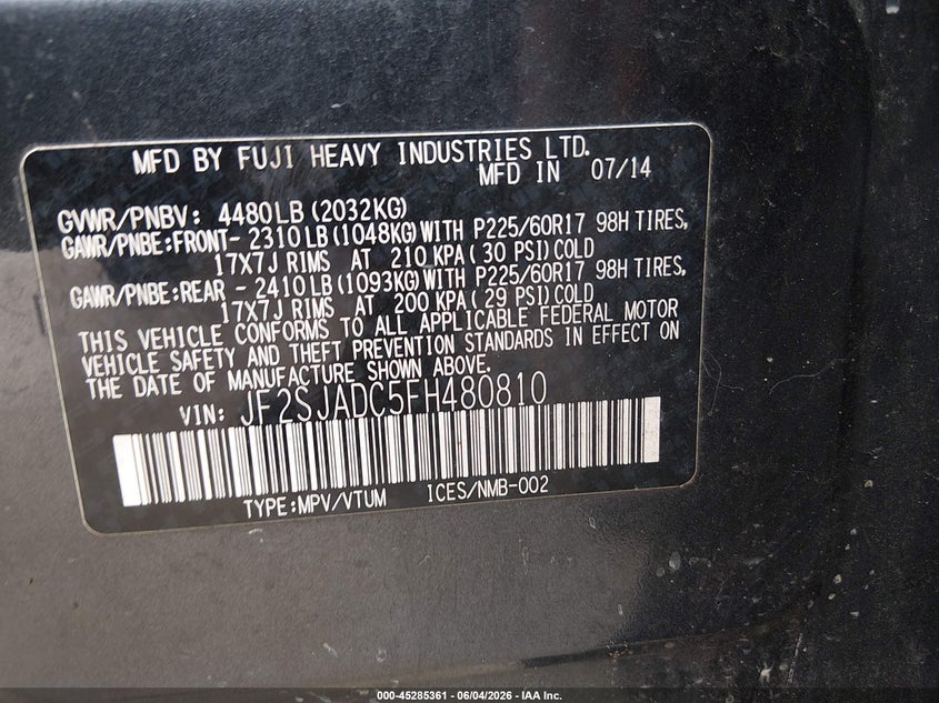 2015 Subaru Forester VIN JF2SJADC5FH480810 IAAI salvage auction — RIGHT FRONT, Clear (Florida), sold $550 on 2026-07-14 (photo 9)