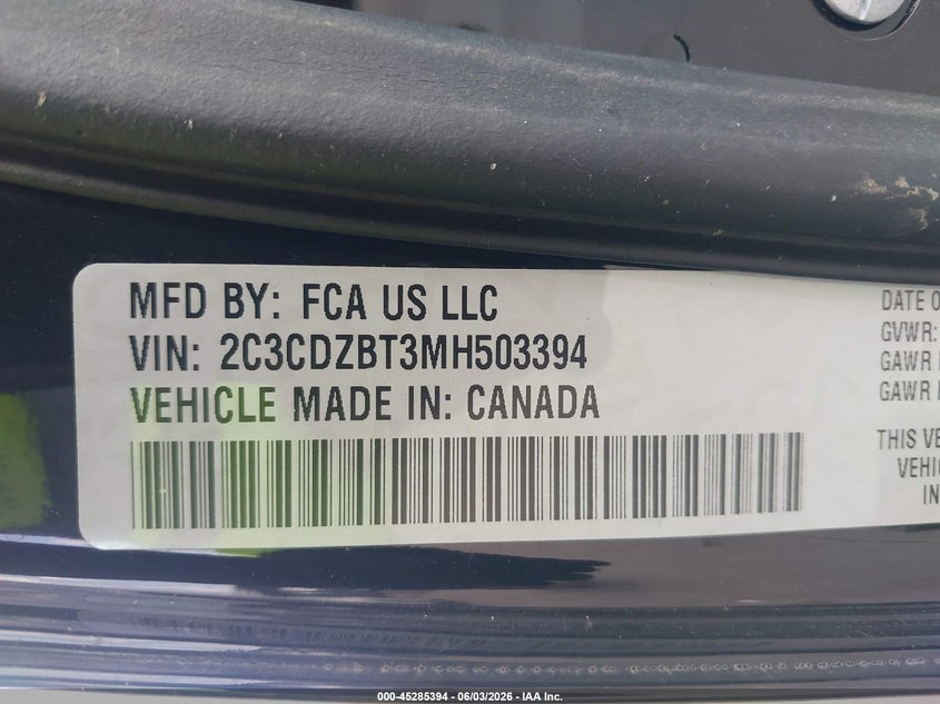 2021 Dodge Challenger VIN 2C3CDZBT3MH503394 IAAI salvage auction — RIGHT SIDE, Salvage Title, sold $11,800 on 2026-07-29 (photo 9)