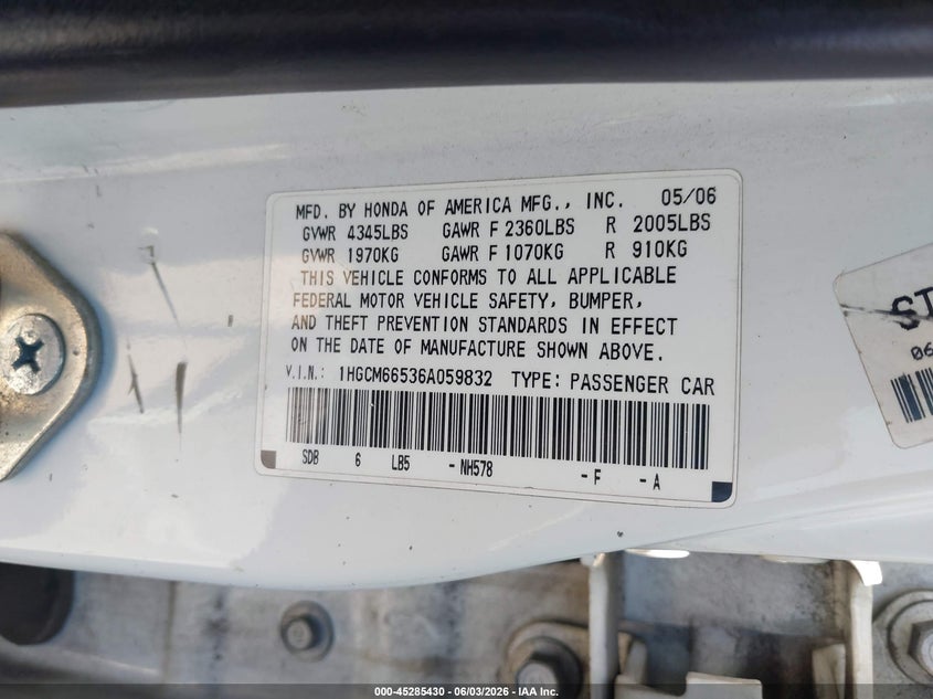 2006 Honda Accord VIN 1HGCM66536A059832 IAAI salvage auction — NORMAL WEAR, App For Dup Clear (California), sold $400 on 2026-07-09 (photo 9)