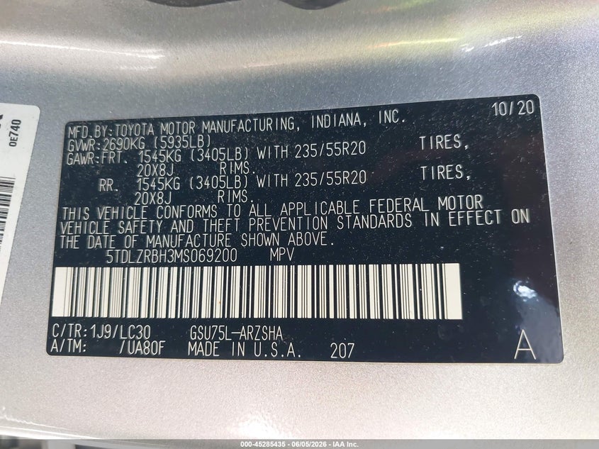 2021 Toyota Highlander VIN 5TDLZRBH3MS069200 IAAI salvage auction — FRONT END, Salvage Title, sold $15,450 on 2026-07-24 (photo 9)