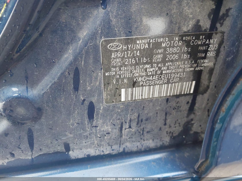 2014 Hyundai Elantra VIN KMHDH4AE0EU199431 IAAI salvage auction — RIGHT SIDE, Salvage (Texas), sold $975 on 2026-07-28 (photo 9)