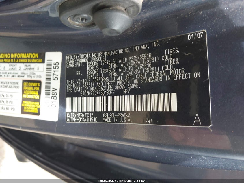 2007 Toyota Sienna VIN 5TDZK23CX7S018077 IAAI salvage auction — NORMAL WEAR, Clear (Idaho), sold $300 on 2026-07-28 (photo 9)