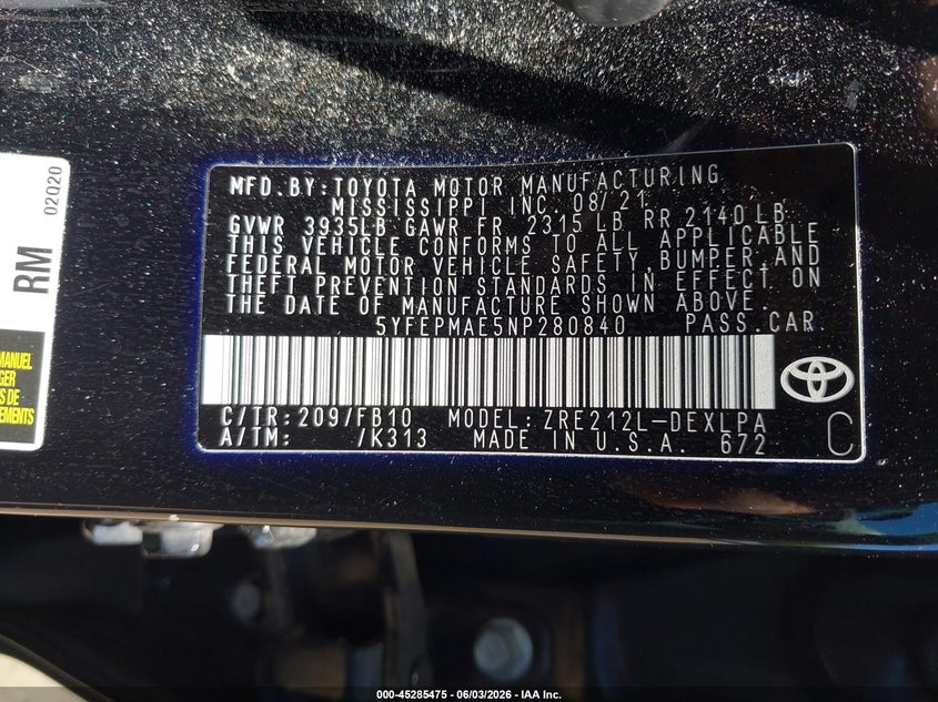 2022 Toyota Corolla VIN 5YFEPMAE5NP280840 IAAI salvage auction — REAR END, Salvage Title, sold $4,300 on 2026-07-22 (photo 9)