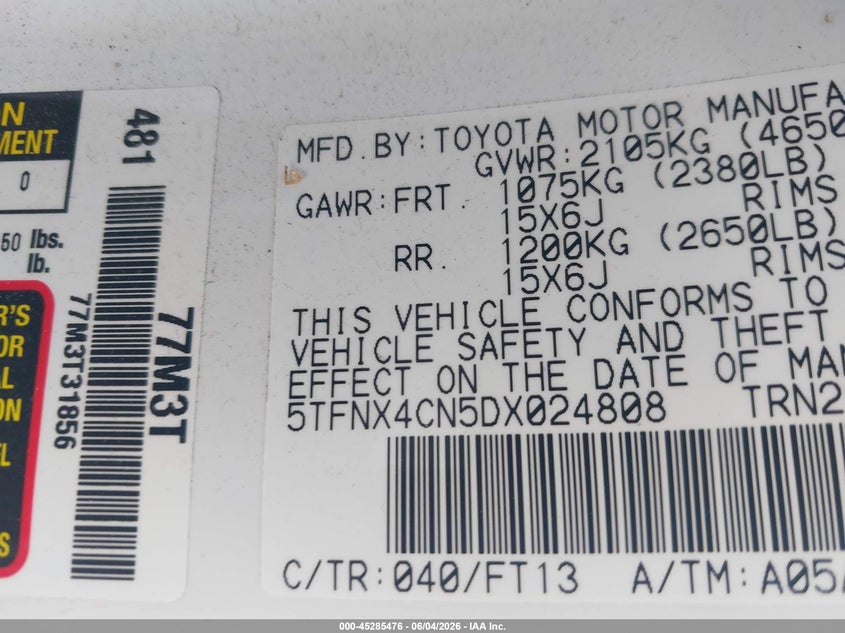 2013 Toyota Tacoma VIN 5TFNX4CN5DX024808 IAAI salvage auction — REAR END, Salvage Title, sold $5,600 on 2026-07-29 (photo 9)