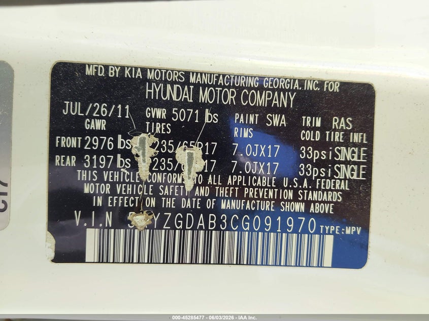 2012 Hyundai Santa fe VIN 5XYZGDAB3CG091970 IAAI salvage auction — HAIL, Salvage Title, sold $825 on 2026-07-15 (photo 9)