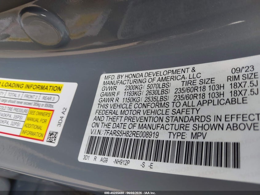 2024 Honda Cr-v VIN 7FARS5H82RE008919 IAAI salvage auction — ROLLOVER, Salvage Title, sold $9,250 on 2026-07-28 (photo 9)