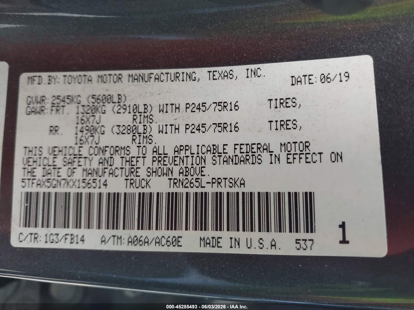 2019 Toyota Tacoma VIN 5TFAX5GN7KX156514 IAAI salvage auction — SIDE, Salvage Title, sold $5,900 on 2026-07-23 (photo 9)