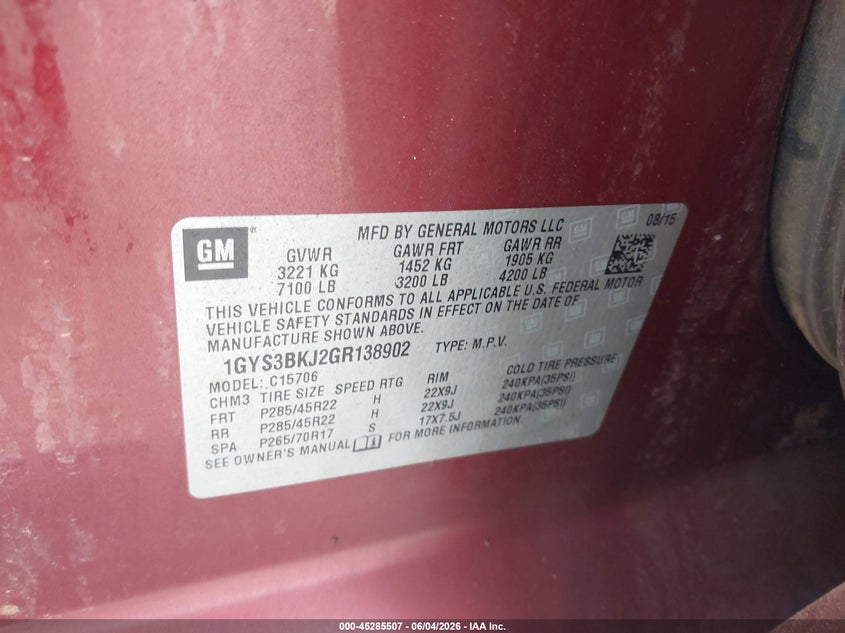 2016 Cadillac Escalade VIN 1GYS3BKJ2GR138902 IAAI salvage auction — FRONT END, Original (Texas), sold $4,950 on 2026-08-21 (photo 9)