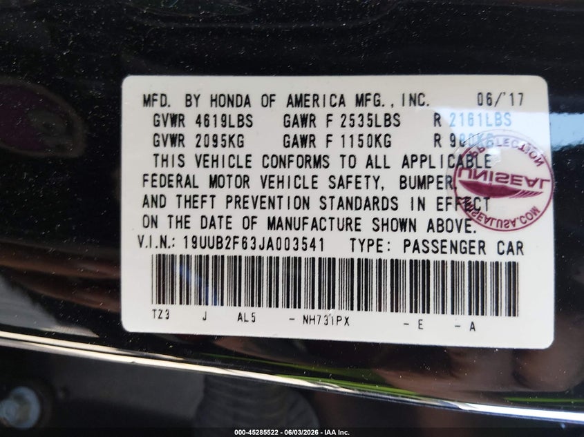2018 Acura Tlx VIN 19UUB2F63JA003541 IAAI salvage auction — REAR END, Salvage Title, sold $4,600 on 2026-07-12 (photo 9)