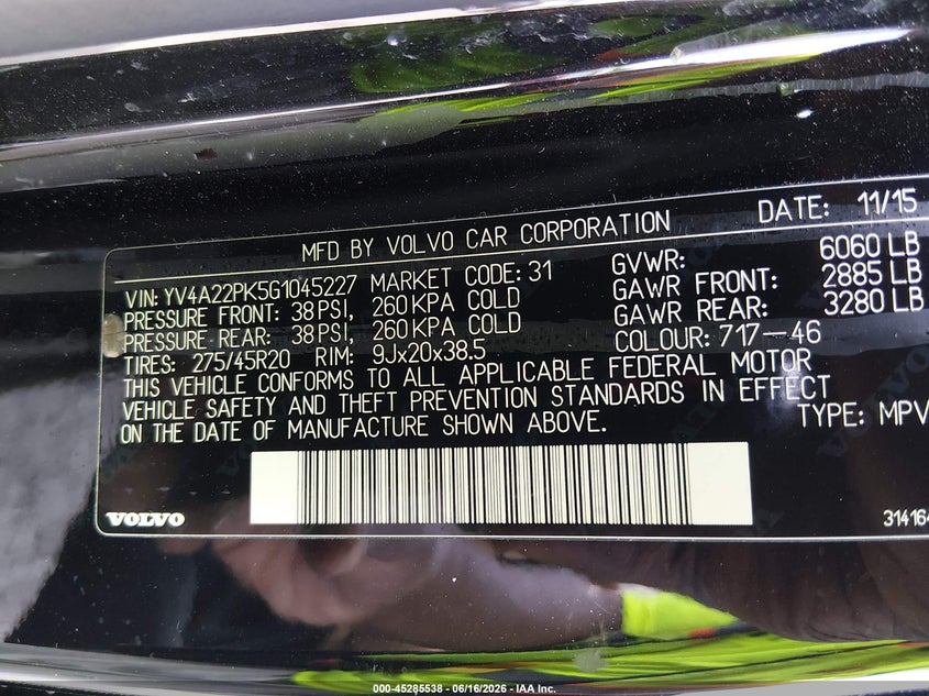 2016 Volvo Xc90 VIN YV4A22PK5G1045227 IAAI salvage auction — FRONT END, Salvage Title, sold $6,125 on 2026-08-31 (photo 9)