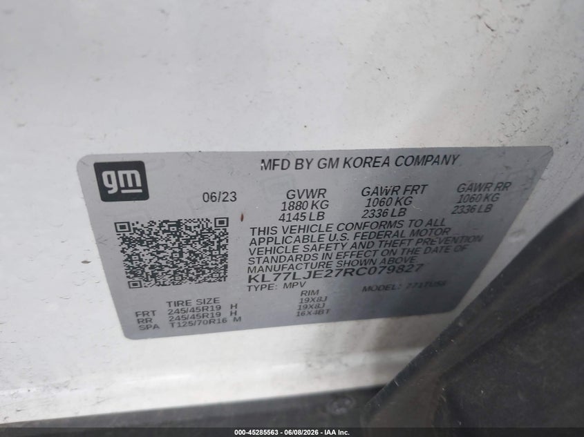 2024 Chevrolet Trax VIN KL77LJE27RC079827 IAAI salvage auction — FRONT END, Salvage Title, sold $8,100 on 2026-07-26 (photo 9)