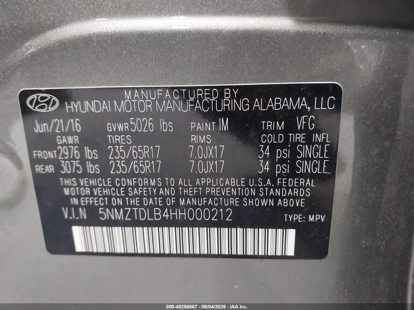 2017 Hyundai Santa fe VIN 5NMZTDLB4HH000212 IAAI salvage auction — FRONT END, Salvage Title, sold $2,100 on 2026-07-10 (photo 9)