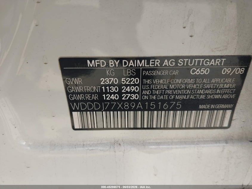 2009 Mercedes-benz Cls-class VIN WDDDJ77X89A151675 IAAI salvage auction — RIGHT FRONT, Salvage (California), sold $2,050 on 2026-07-08 (photo 9)