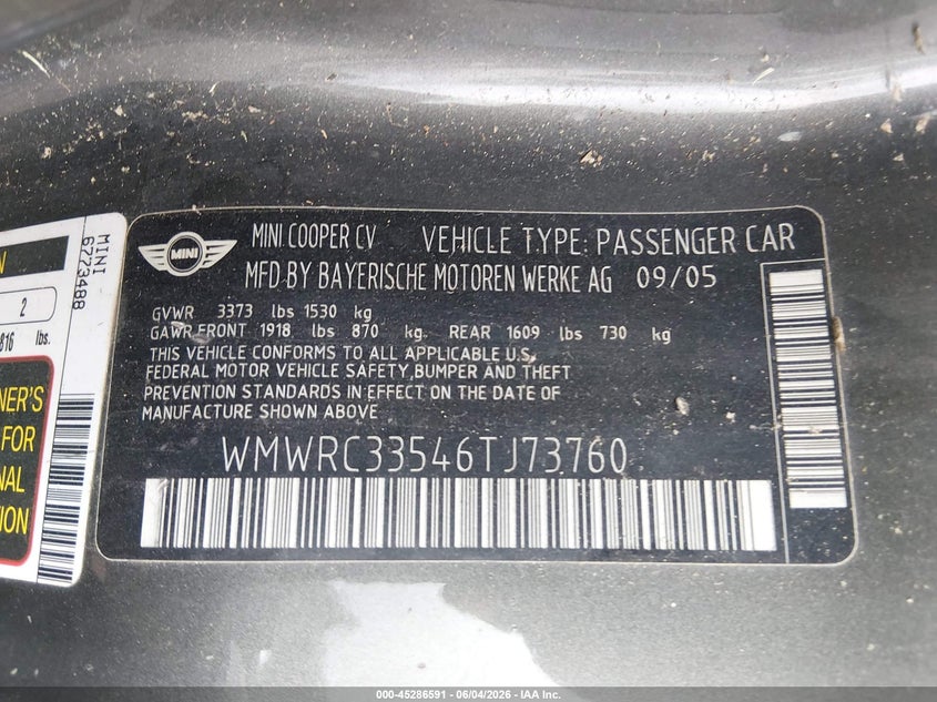 2006 Mini Cooper VIN WMWRC33546TJ73760 IAAI salvage auction — NORMAL WEAR, Clear (Florida), sold $650 on 2026-08-05 (photo 9)