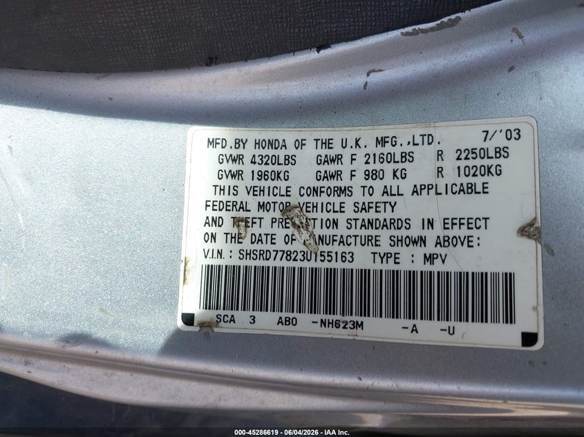 2003 Honda Cr-v VIN SHSRD77823U155163 IAAI salvage auction — FRONT END, Clear (Indiana), sold $1,150 on 2026-07-08 (photo 9)