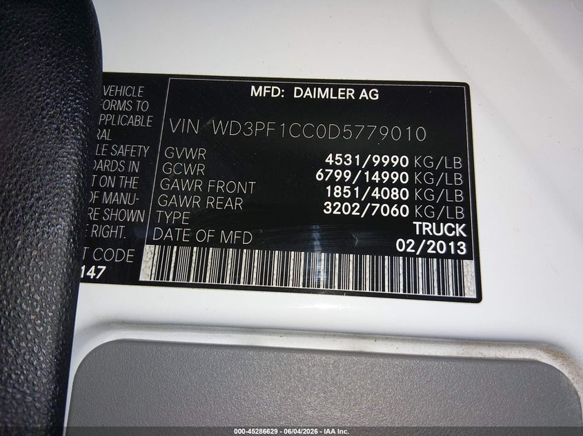 2013 Mercedes-benz Sprinter VIN WD3PF1CC0D5779010 IAAI salvage auction — FRONT END, Salvage Title, sold $3,150 on 2026-07-06 (photo 8)