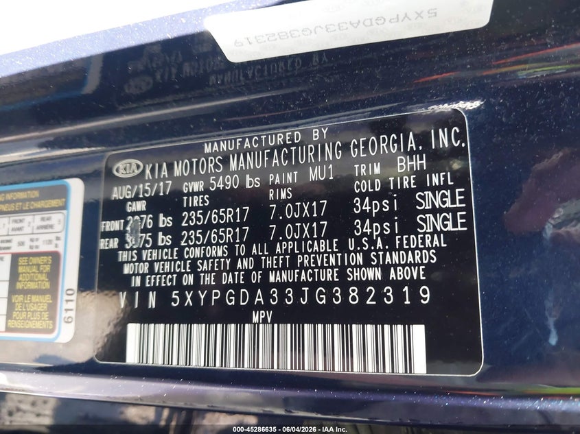 2018 Kia Sorento VIN 5XYPGDA33JG382319 IAAI salvage auction — LEFT FRONT, Salvage Title, sold $1,400 on 2026-07-10 (photo 9)