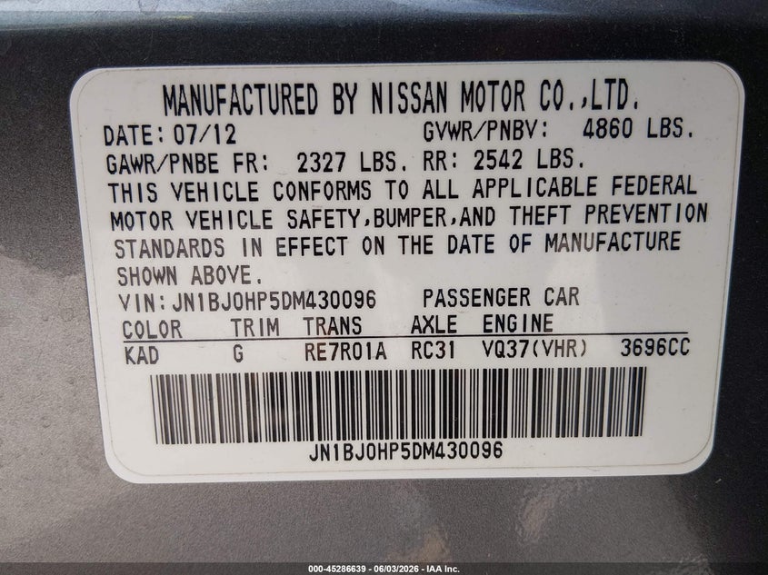 2013 Infiniti Ex VIN JN1BJ0HP5DM430096 IAAI salvage auction — SIDE, Salvage Title, sold $725 on 2026-07-14 (photo 9)