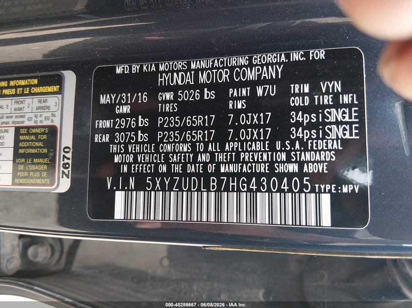 2017 Hyundai Santa fe VIN 5XYZUDLB7HG430405 IAAI salvage auction — RIGHT FRONT, Salvage Title, sold $2,600 on 2026-07-21 (photo 9)