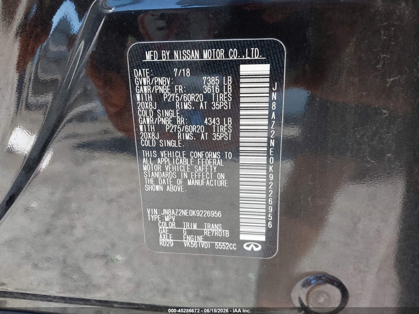 2019 Infiniti Qx80 VIN JN8AZ2NE0K9226956 IAAI salvage auction — FRONT END, Salvage (Pennsylvania), sold $4,550 on 2026-07-24 (photo 9)