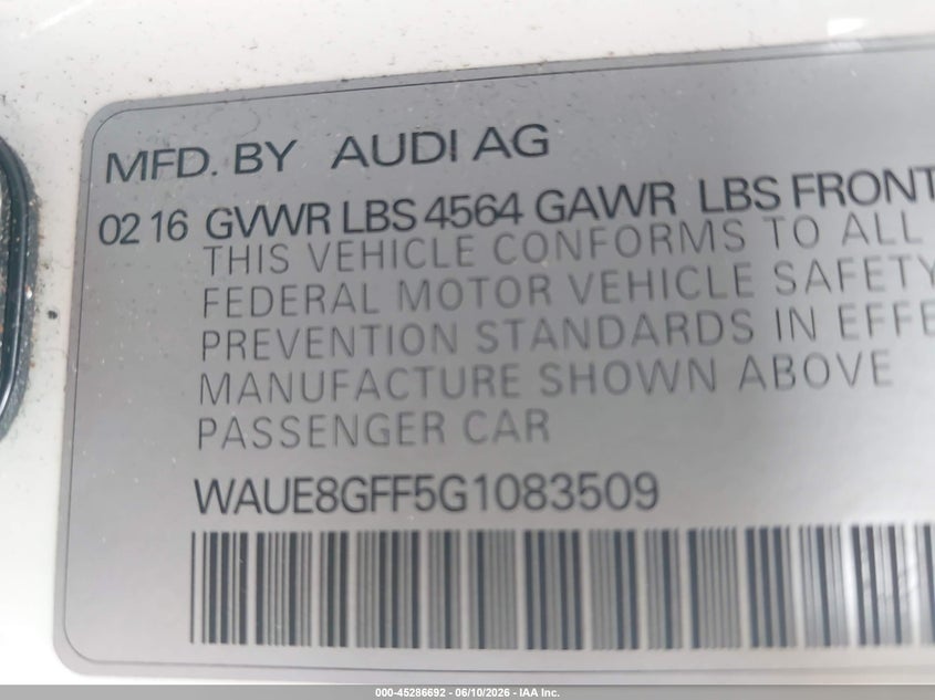 2016 Audi A3 VIN WAUE8GFF5G1083509 IAAI salvage auction — FRONT END, Salvage (Virginia), sold $4,250 on 2026-07-06 (photo 9)