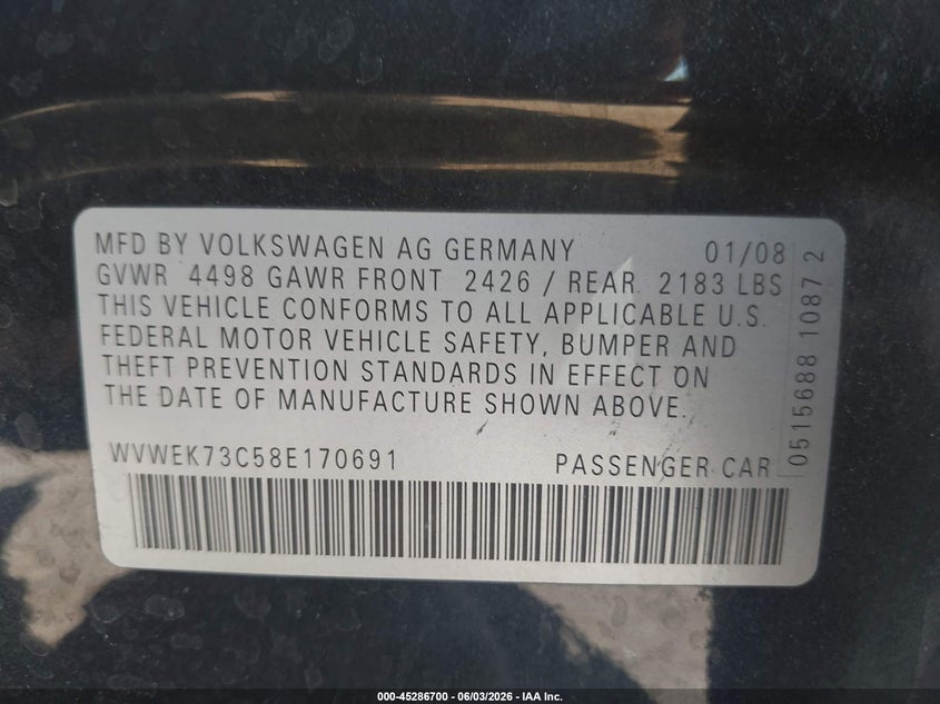2008 Volkswagen Passat VIN WVWEK73C58E170691 IAAI salvage auction — FRONT END, Clear (Indiana), sold $275 on 2026-07-14 (photo 9)
