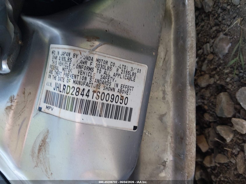 2001 Honda Cr-v VIN JHLRD28441S009050 IAAI salvage auction — BIOHAZARD/CHEMICAL, Salvage (Tennessee), sold $225 on 2026-07-23 (photo 9)