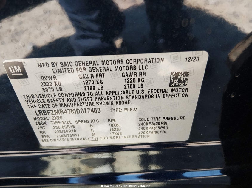2021 Buick Envision VIN LRBFZMR47MD077460 IAAI salvage auction — FRONT END, Salvage Title, sold $1,550 on 2026-07-12 (photo 9)