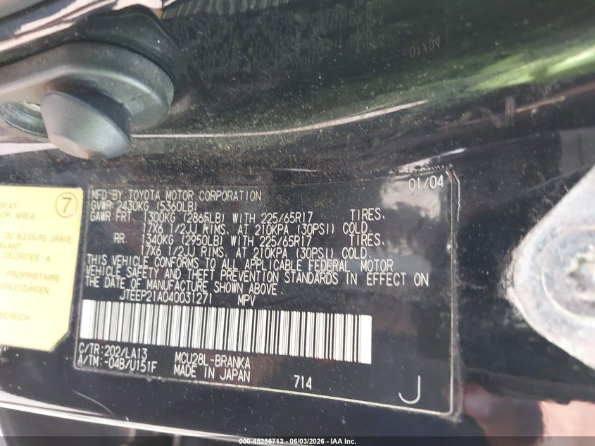 2004 Toyota Highlander VIN JTEEP21A040031271 IAAI salvage auction — FRONT END, Clear (Massachusetts), sold $25 on 2026-07-24 (photo 9)
