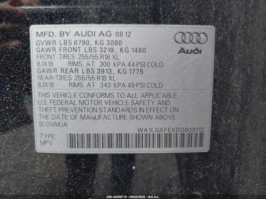 2013 Audi Q7 VIN WA1LGAFEXDD003112 IAAI salvage auction — NORMAL WEAR, Clear (New Jersey), sold $425 on 2026-07-29 (photo 9)