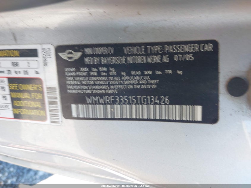 2005 Mini Cooper VIN WMWRF33515TG13426 IAAI salvage auction — FRONT END, Bill Of Sale (New York), sold $400 on 2026-07-07 (photo 9)