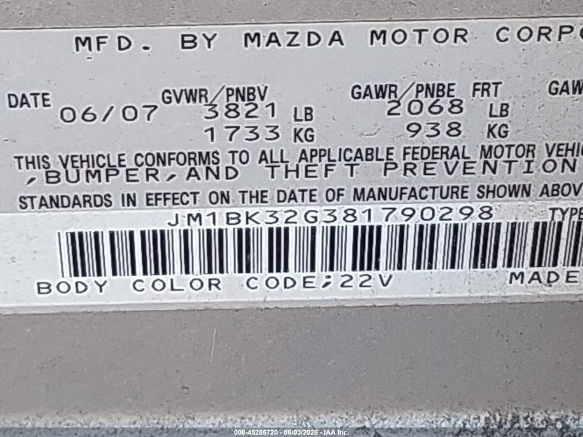 2008 Mazda 3 VIN JM1BK32G381790298 IAAI salvage auction — FRONT & REAR, Bill Of Sale (New York), sold $425 on 2026-07-07 (photo 9)
