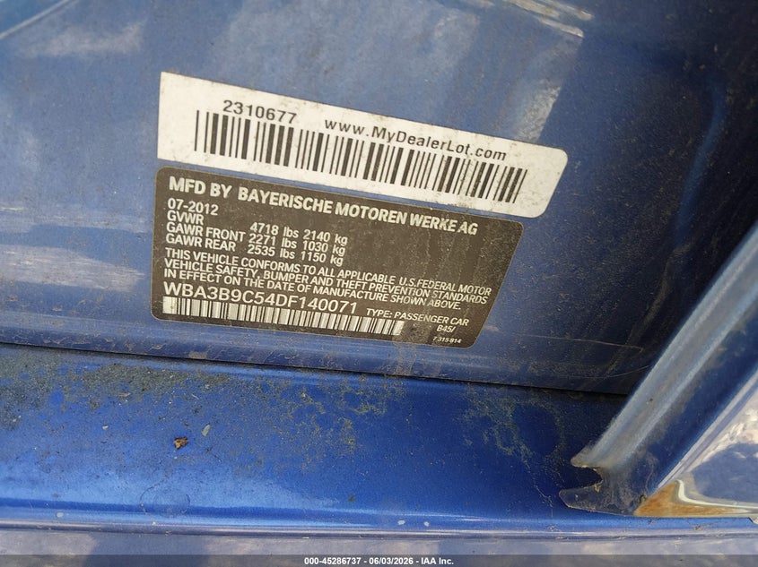 2013 BMW 3er VIN WBA3B9C54DF140071 IAAI salvage auction — FRONT END, Salvage Title, sold $1,275 on 2026-07-14 (photo 9)