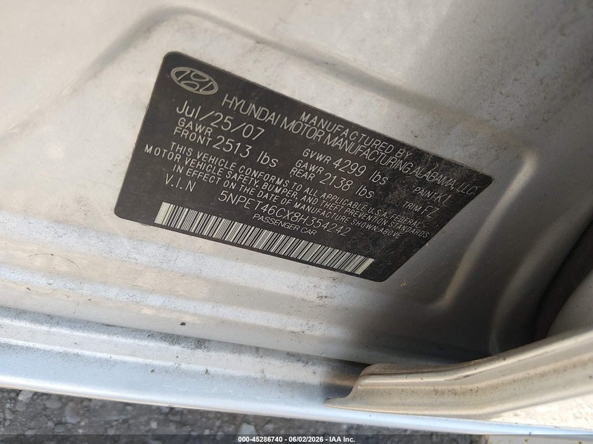 2008 Hyundai Sonata VIN 5NPET46CX8H354242 IAAI salvage auction — UNKNOWN, Bill Of Sale (New York), sold $450 on 2026-07-07 (photo 9)