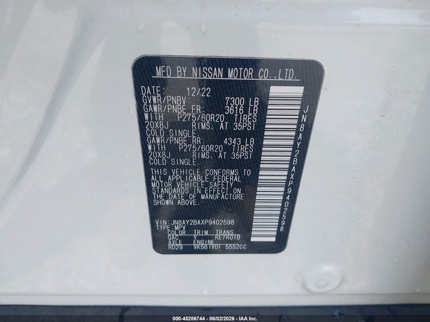 2023 Nissan Armada VIN JN8AY2BAXP9402598 IAAI salvage auction — REAR END, Salvage Title, sold $12,950 on 2026-07-20 (photo 9)
