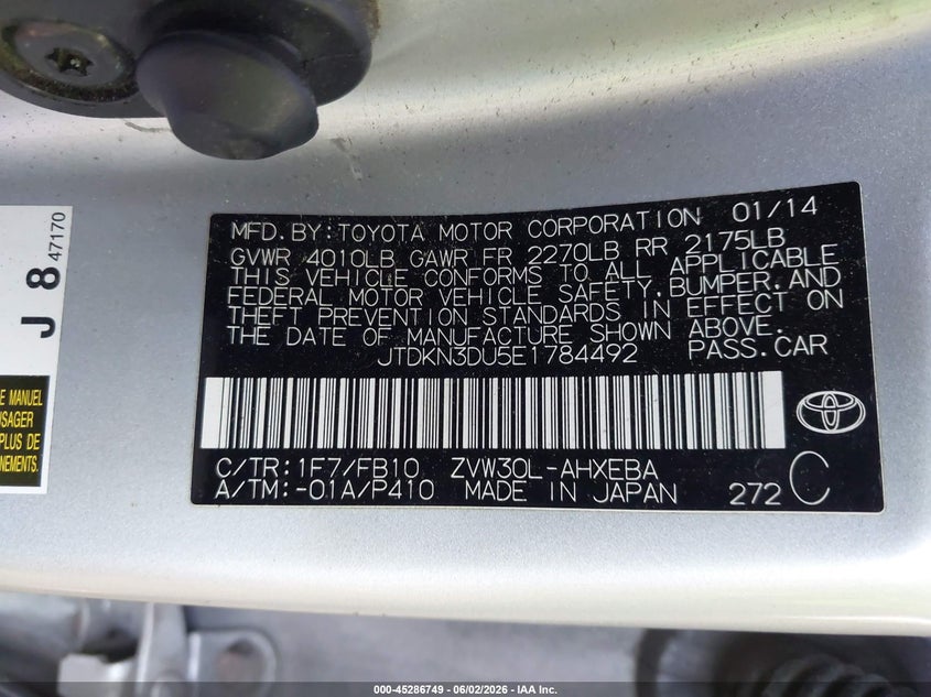 2014 Toyota Prius VIN JTDKN3DU5E1784492 IAAI salvage auction — NORMAL WEAR, Clear (Virginia), sold $1,750 on 2026-07-14 (photo 9)