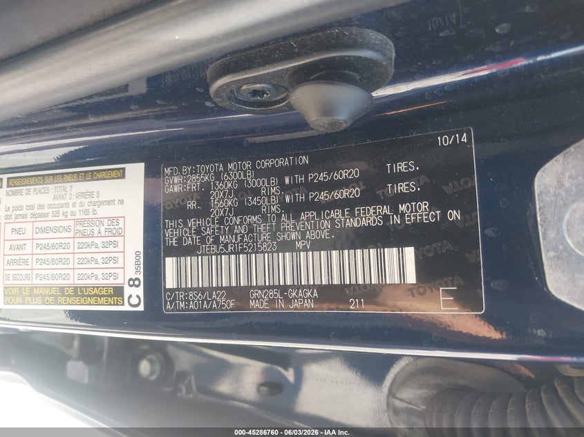 2015 Toyota 4runner VIN JTEBU5JR1F5215823 IAAI salvage auction — THEFT, Salvage (Missouri), sold $25 on 2026-07-31 (photo 9)